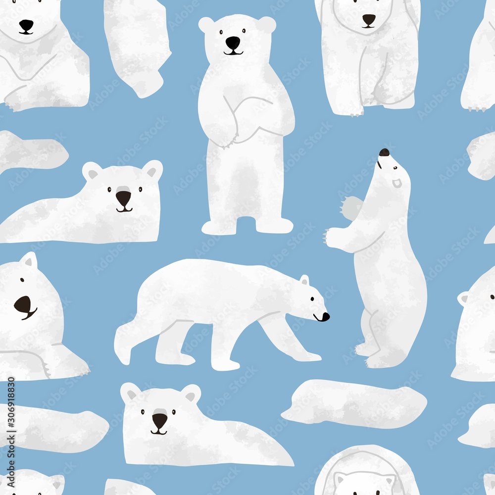 Watercolor winter background with polar bear,ice.Vector illustration seamless pattern for background