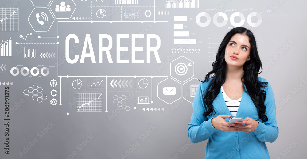 Career concept with thoughtful young woman holding a smartphone