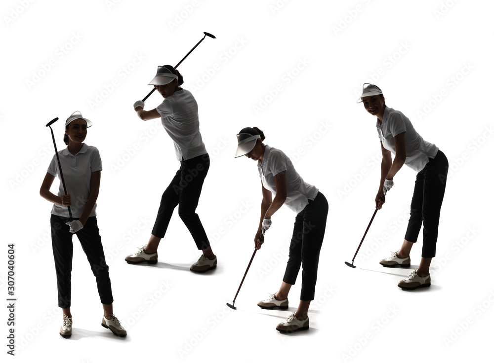 Set with silhouettes of beautiful golfer on white background