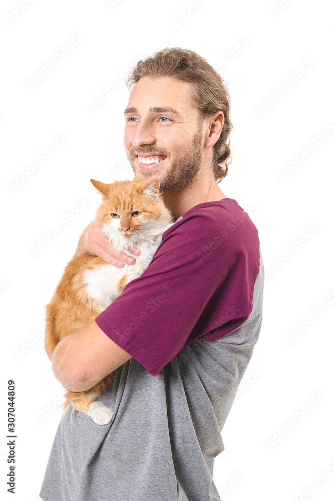 Man with cute cat on white background