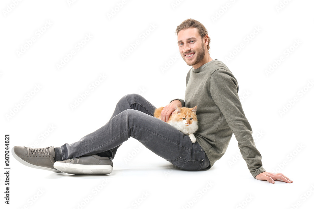 Man with cute cat on white background