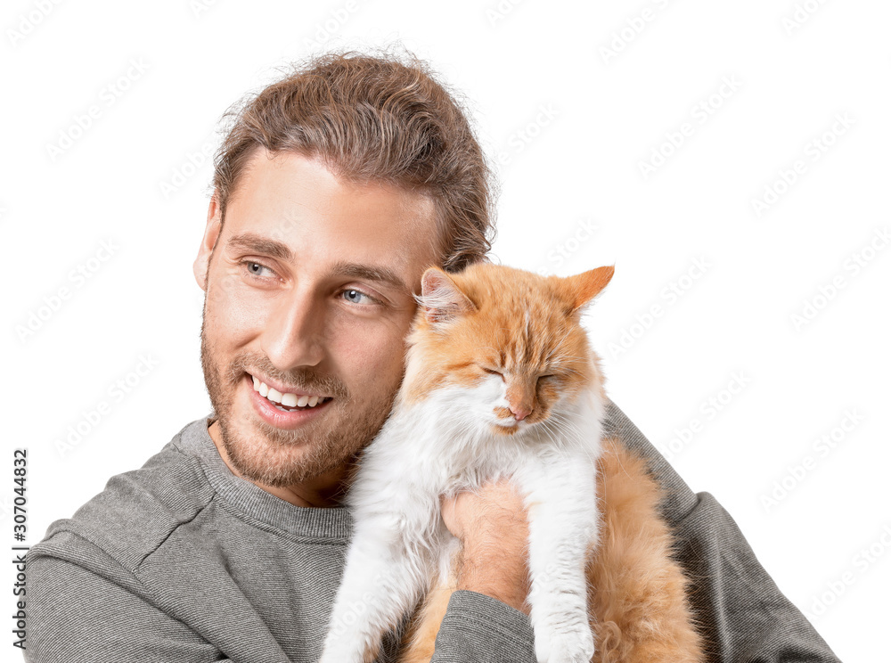 Man with cute cat on white background