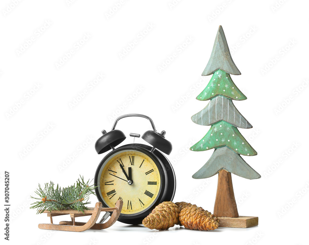 Alarm clock ad decor on white background. Christmas countdown concept