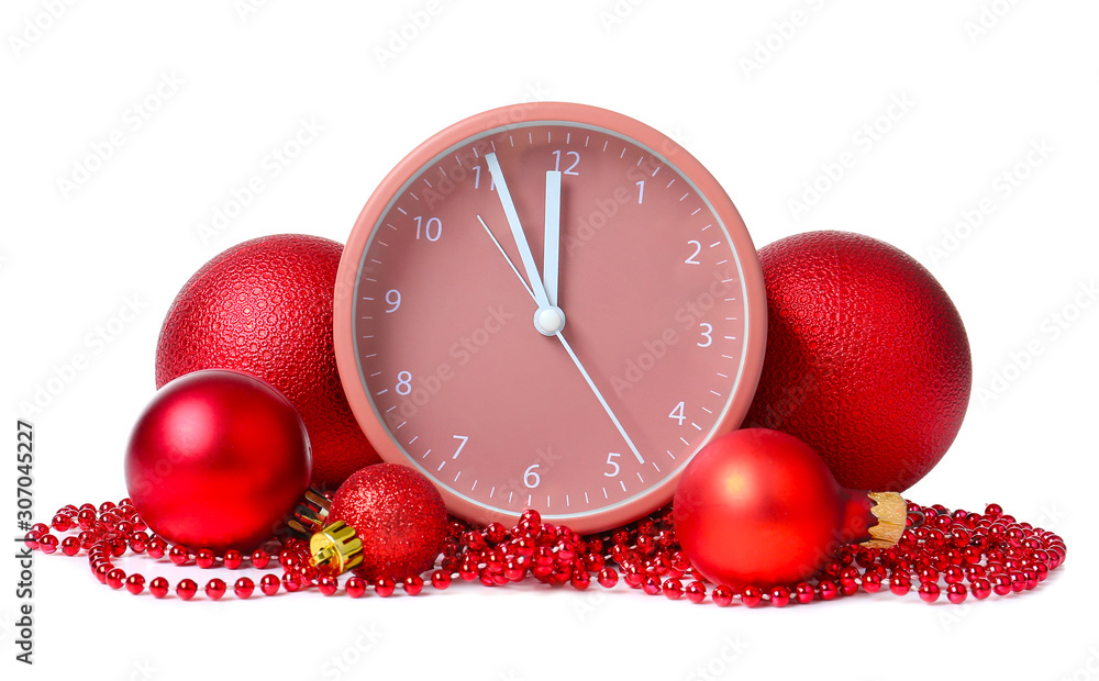 Clock ad decor on white background. Christmas countdown concept