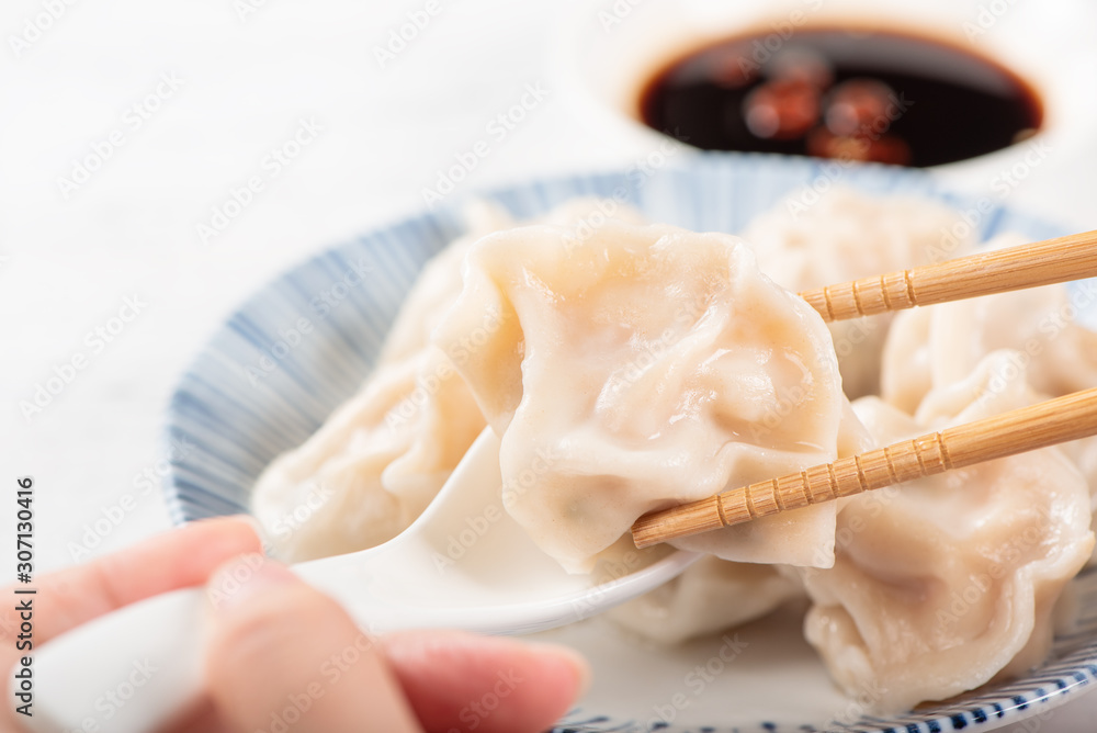 Fresh, delicious boiled pork, shrimp gyoza dumplings on white background with soy sauce and chopstic