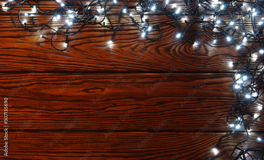 Christmas lights and vintage wood