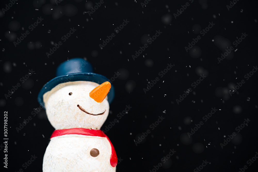 Happy smiley snowman wear blue hat and carrot nose standing with snowflakes in winter christmas seas