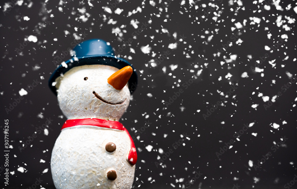 Happy smiley snowman wear blue hat and carrot nose standing with snowflakes in winter christmas seas