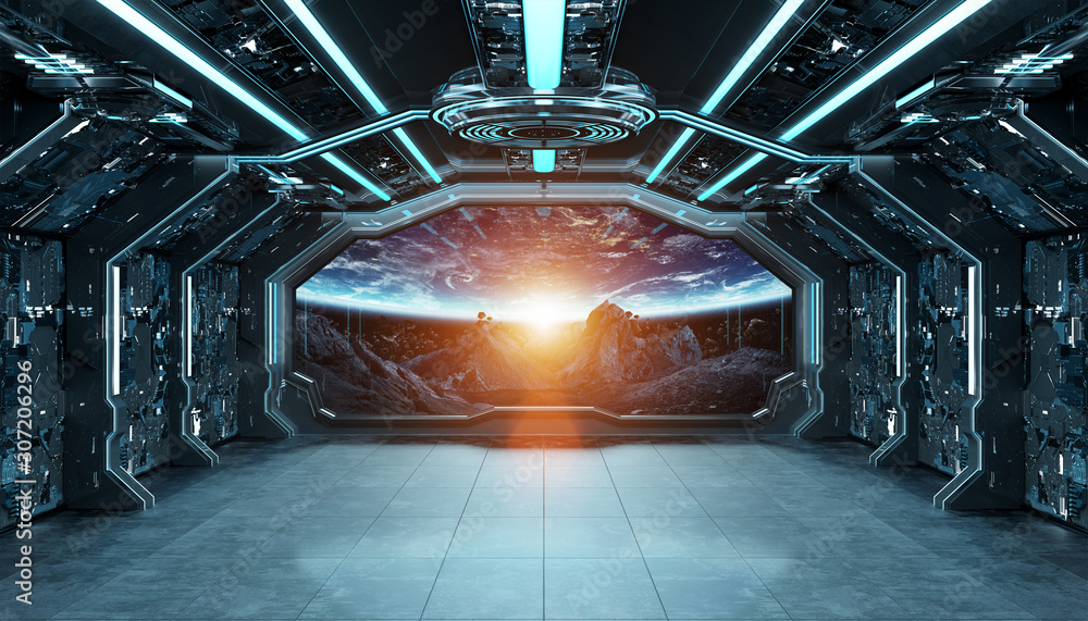 Dark blue spaceship futuristic interior with window view on space and planets 3d rendering