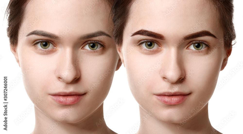 Young woman before and after eyebrows correction on white background