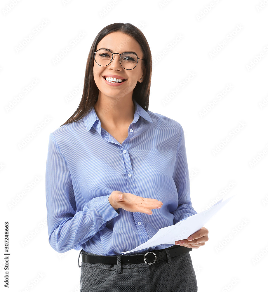 Beautiful young businesswoman with documents on white background