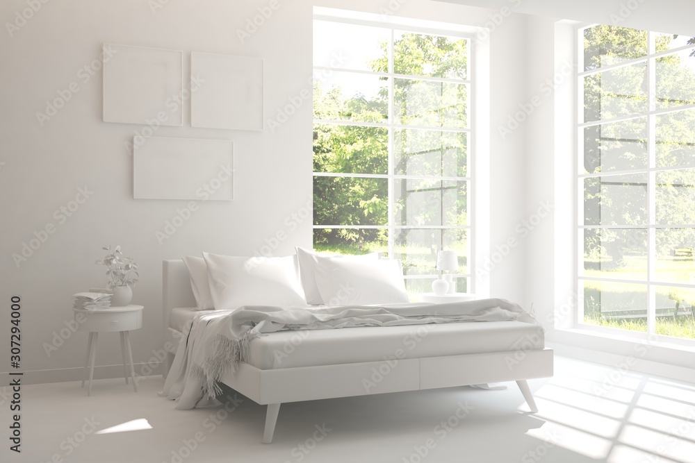 White stylish minimalist bedroom with summer landscape in window. Scandinavian interior design. 3D i