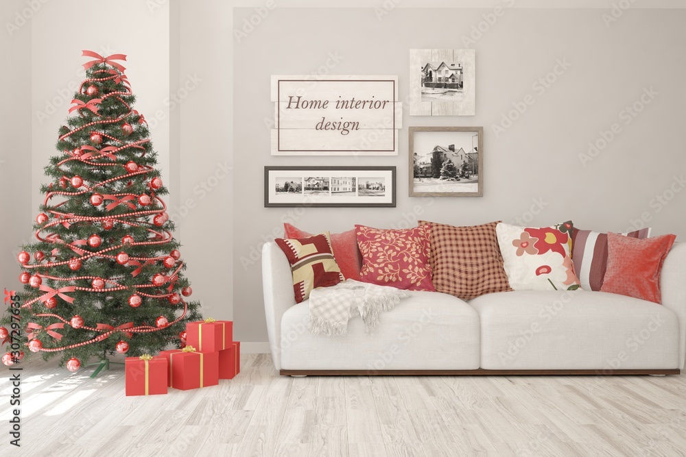 Winter new year interior of living room with sofa. Scandinavian design. 3D illustration