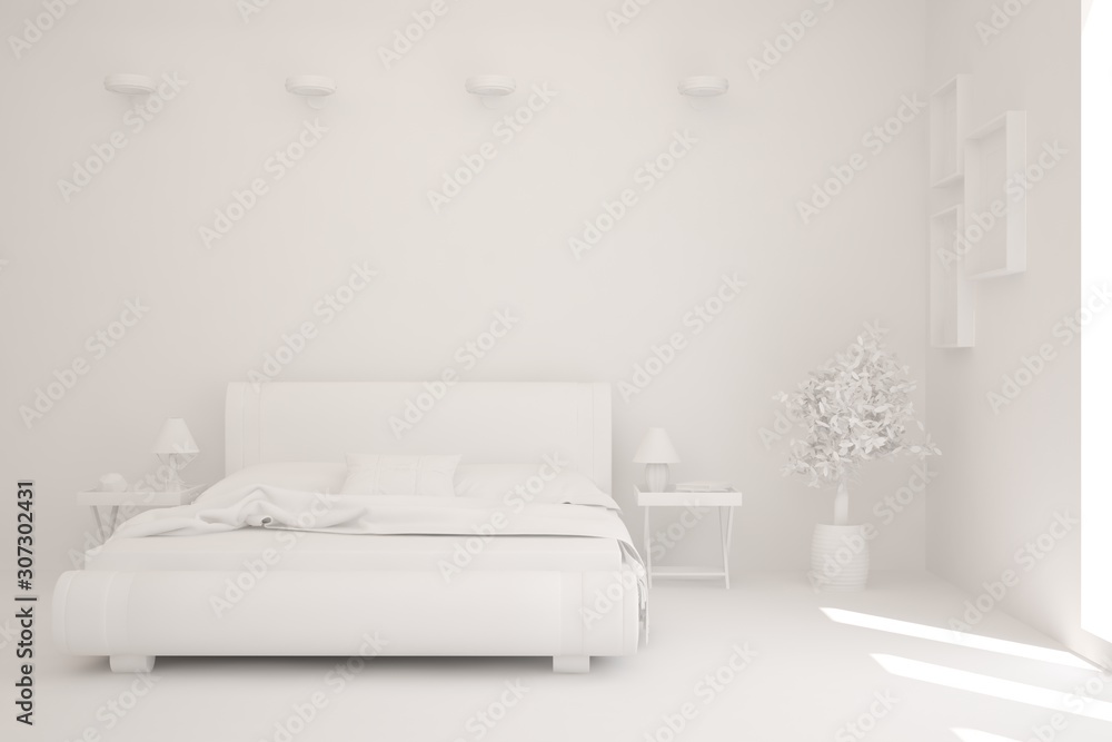 Modern bedroom in white color. Scandinavian interior design. 3D illustration