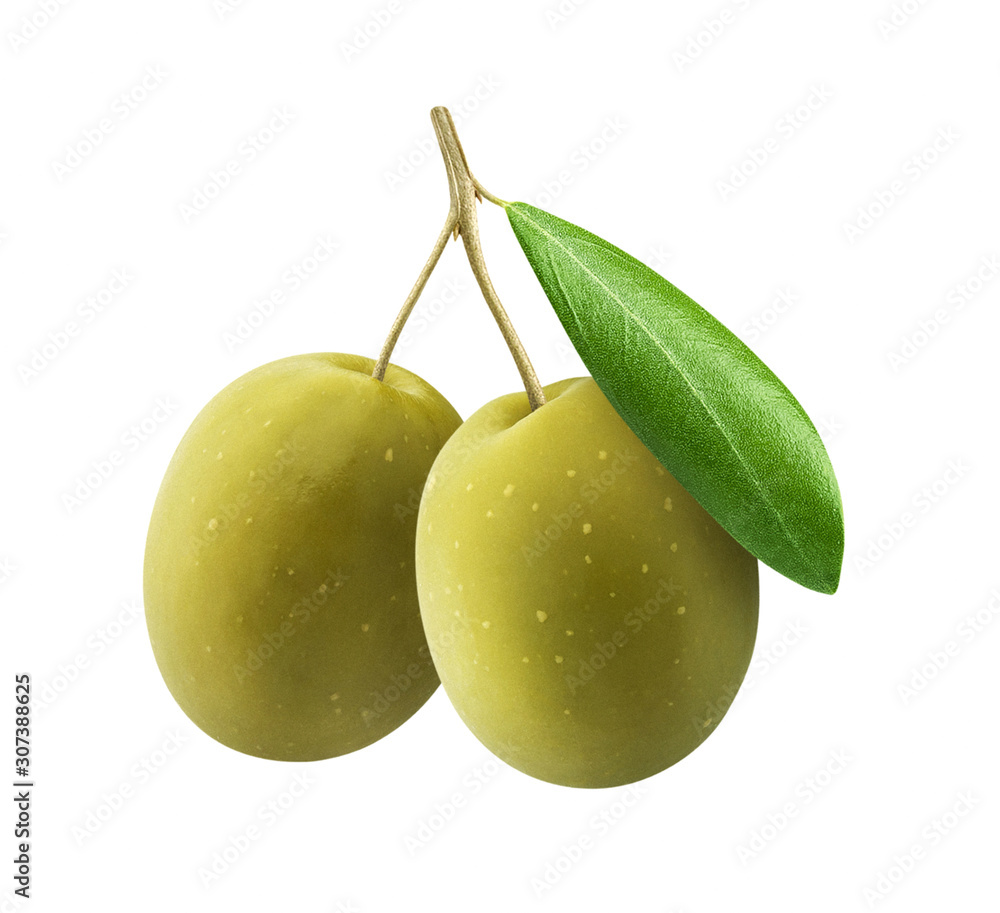 Green olives with leaves isolated on white background