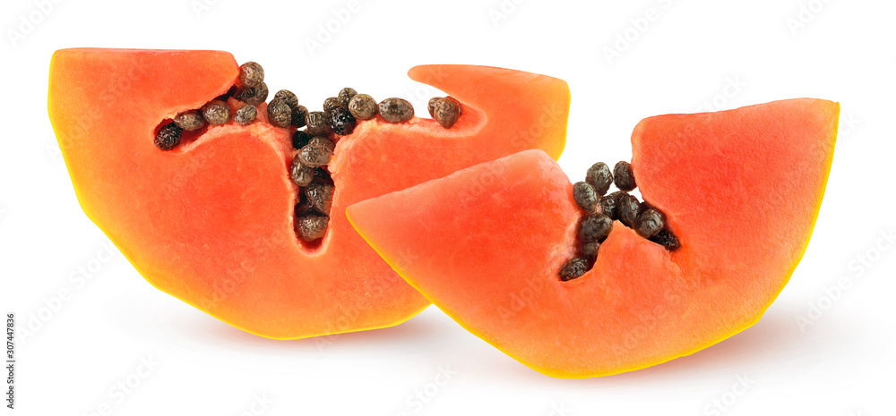 Isolated papaya pieces. Cut papaya fruit isolated on white background with clipping path