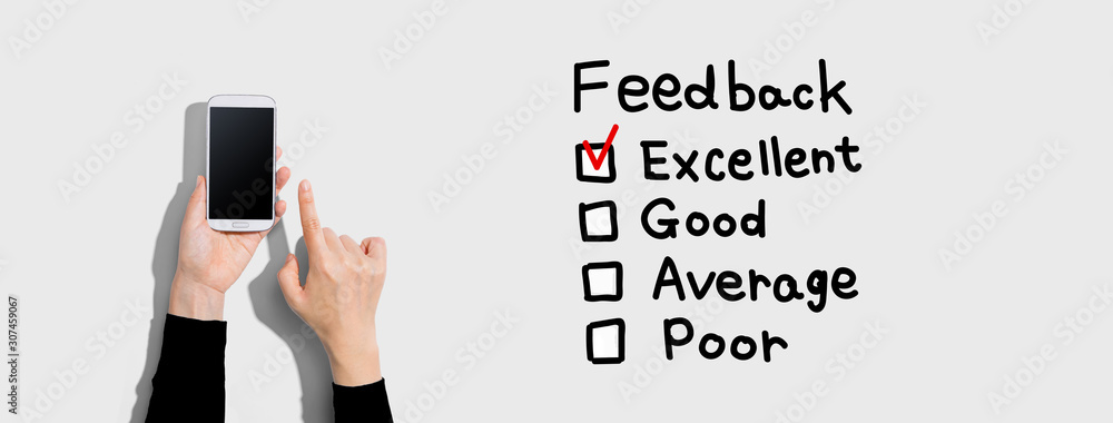 Feedback with person using a white smartphone