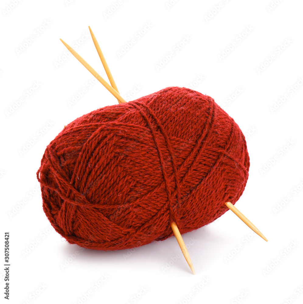 Knitting yarn and needles on white background