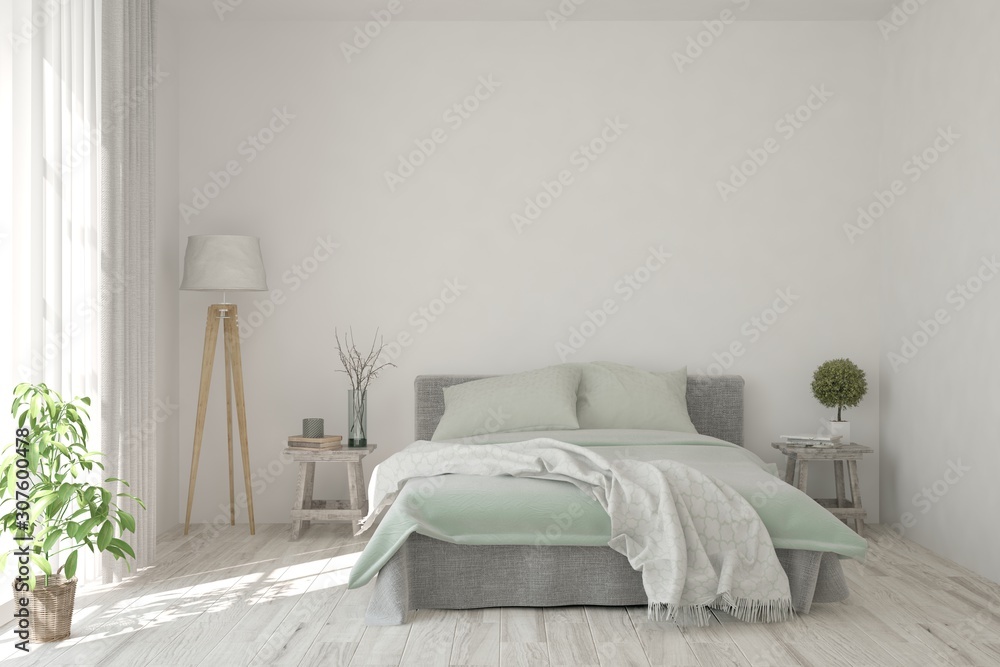 Stylish bedroom in white color. Scandinavian interior design. 3D illustration