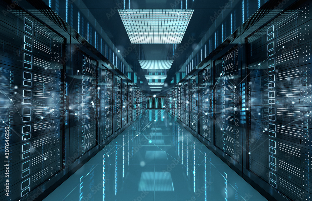 Connection network in servers data center room storage systems 3D rendering