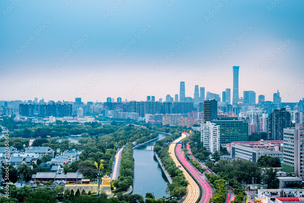 Dusk view of CBD skyline in Beijing, China