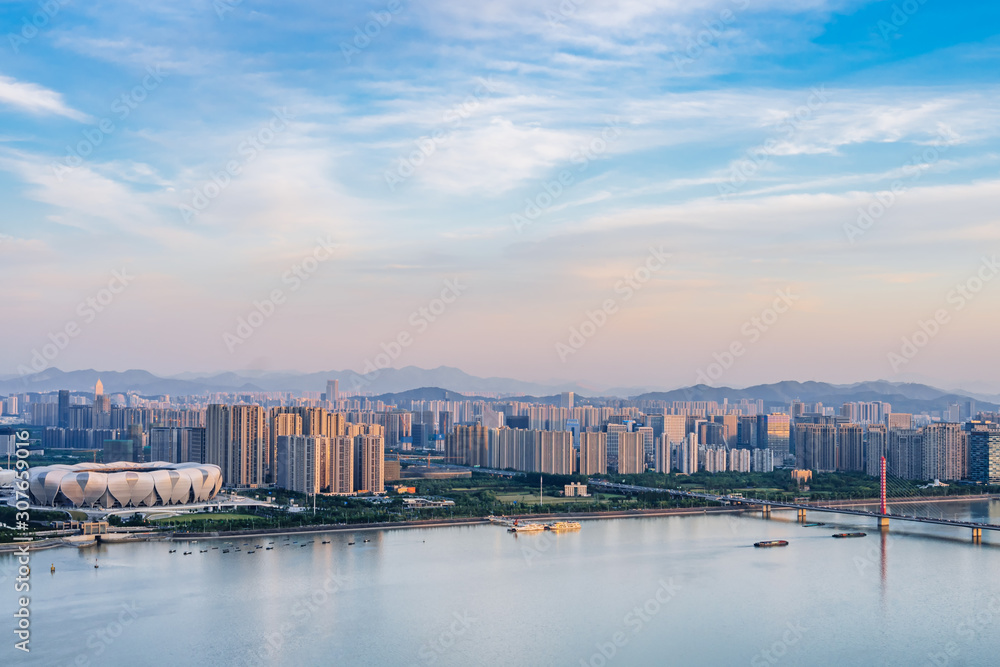 High angle view of urban buildings along the Qianjiang River in Hangzhou, Zhejiang, China