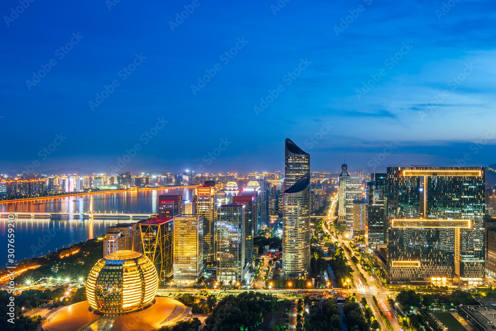 Night view of Qianjiang New Town, Hangzhou, Zhejiang, China