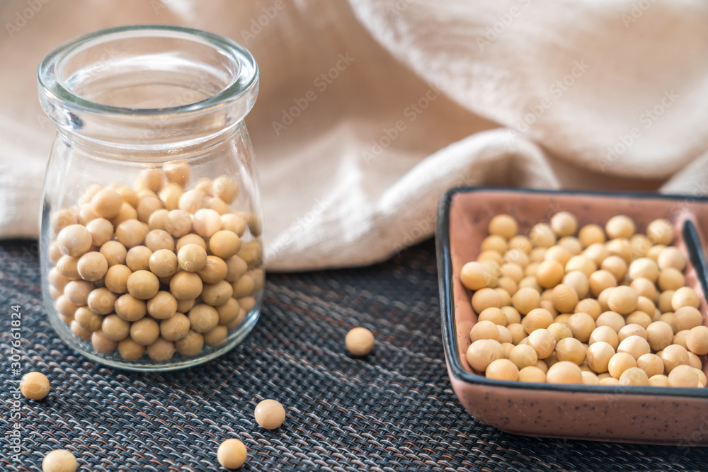 Low angle shot of many soybeans on a plate