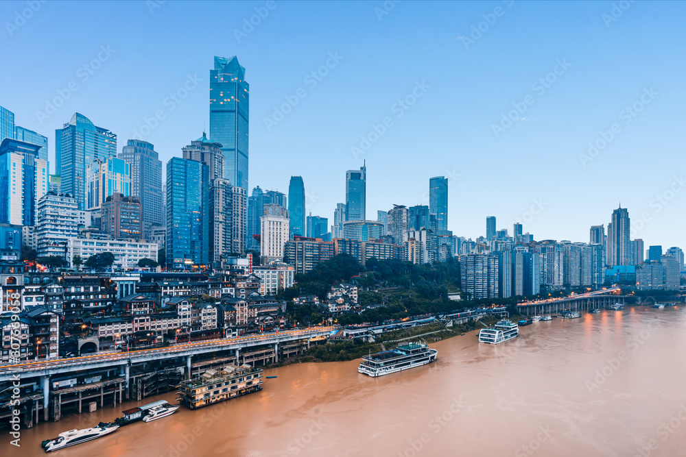  Hongya Cave  and skyline along Jialing River in Chongqing, China