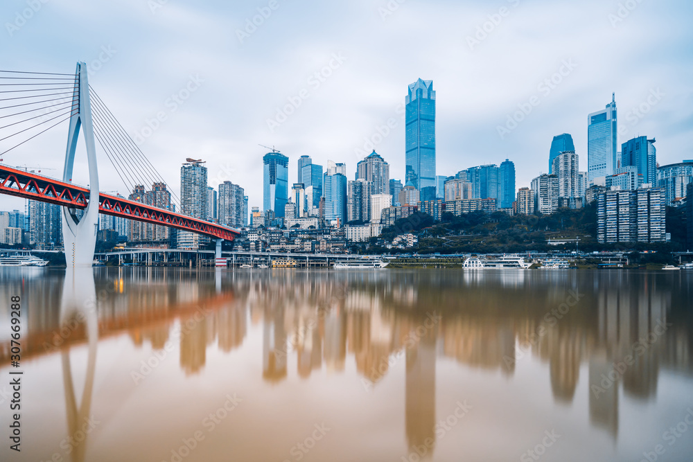 Low angle scenery of Hongya Cave and Jialing River in Chongqing, China