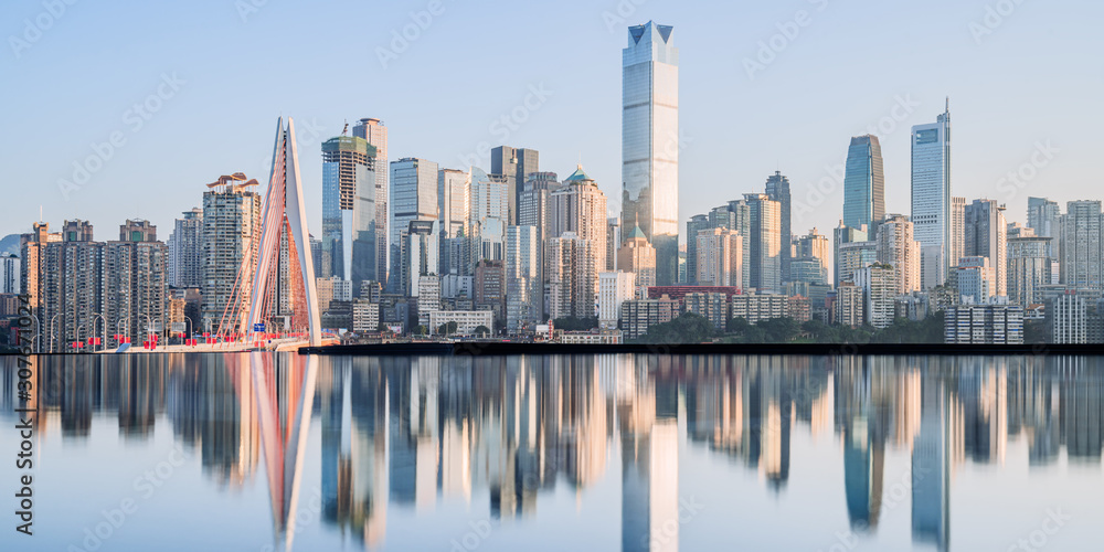 The reflection of bridge and skyscrapers in Chongqing, China