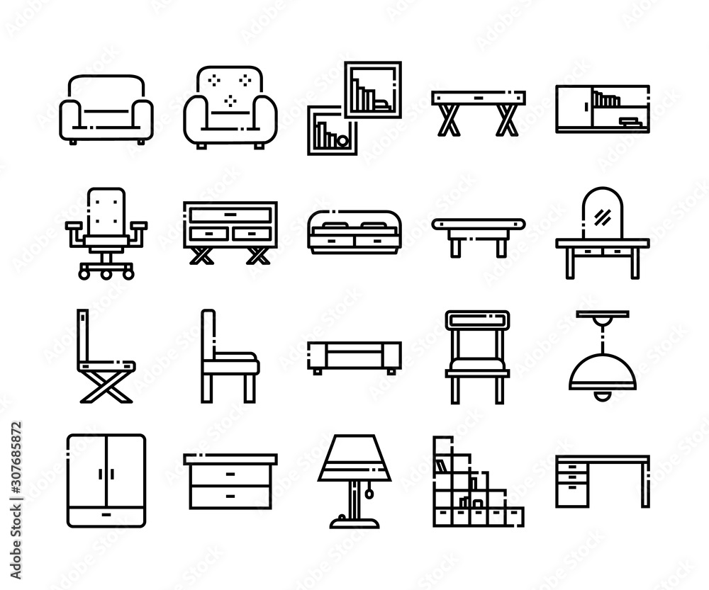家具装饰图标集、矢量和插图、家居室内设计理念