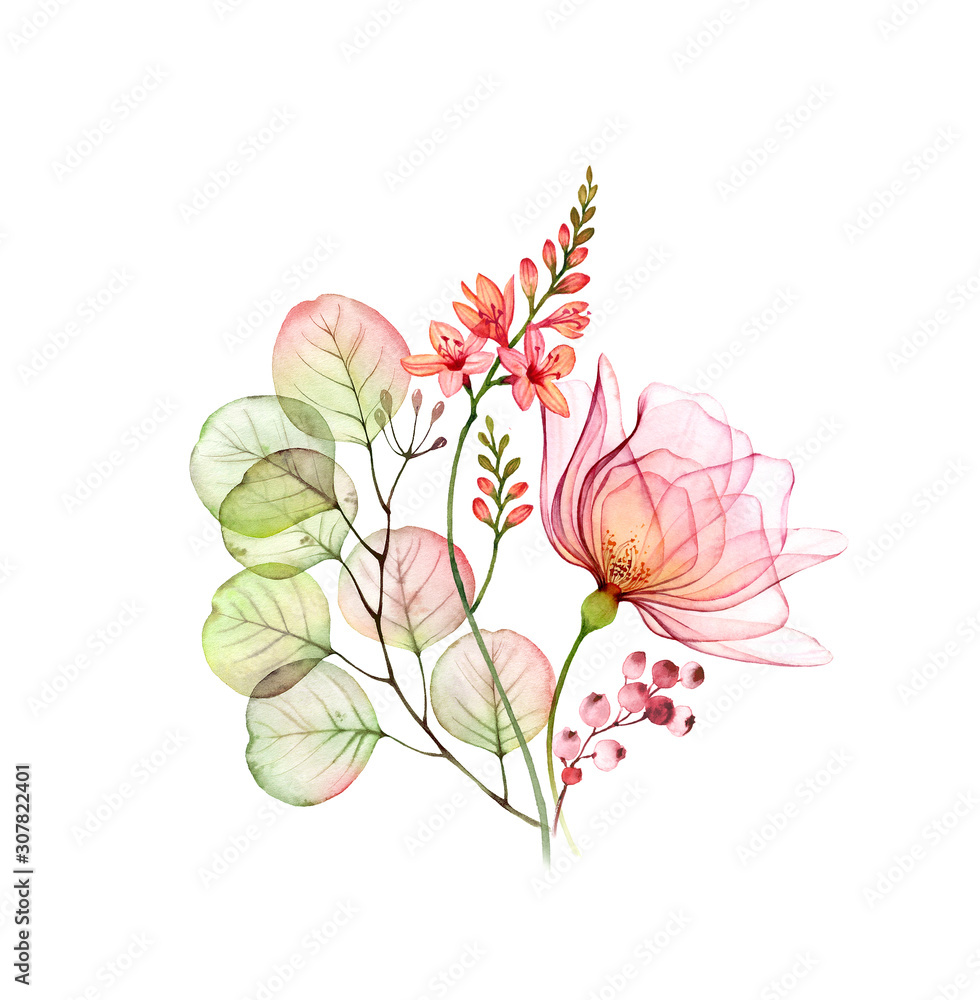 Transparent rose bouquet with eucalyptus and freesia flowers. Watercolor floral composition isolated