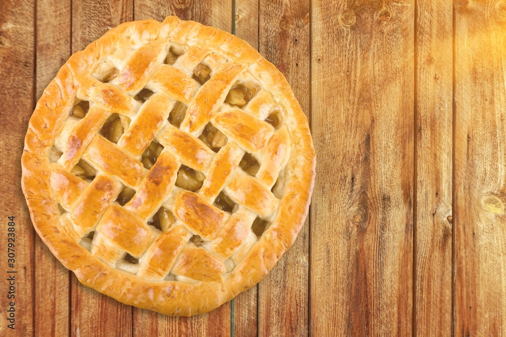 Delicious baked pie, top view on white background