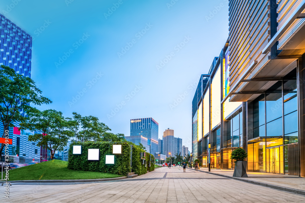 Shanghai Lujiazui city street night view and modern architecture office building