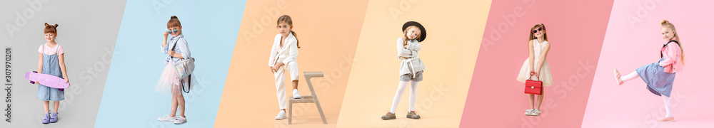 Set of fashionable girls on color background