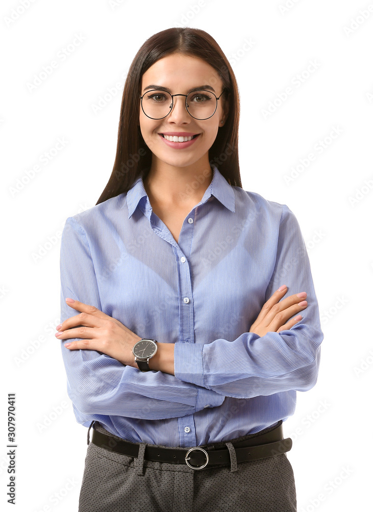 Beautiful young businesswoman on white background