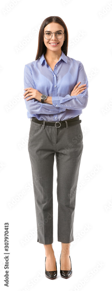 Beautiful young businesswoman on white background