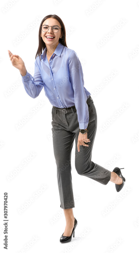 Beautiful young businesswoman on white background