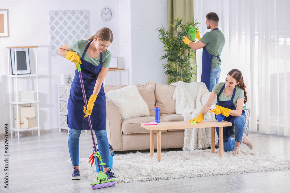 Team of janitors cleaning room