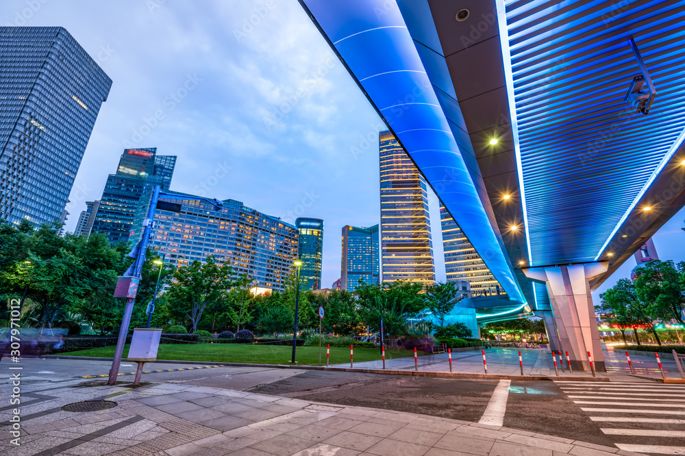 Shanghai Lujiazui city street night view and modern architecture office building