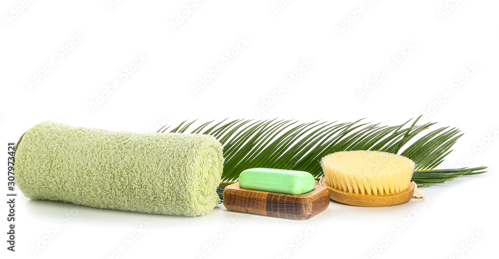 Set of accessories for bath and personal hygiene on white background