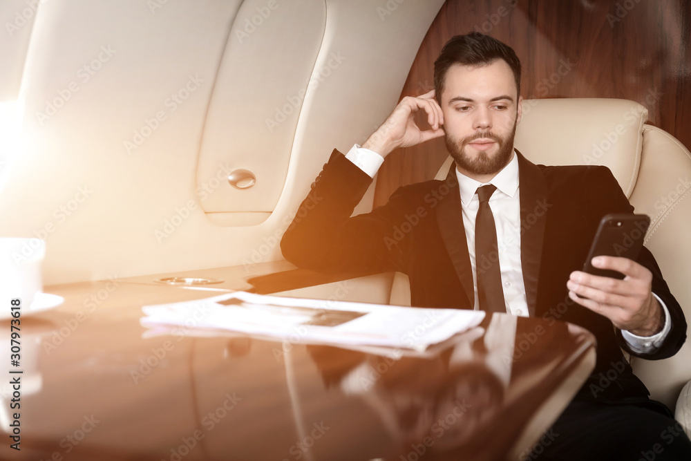 Businessman on board the modern private airplane