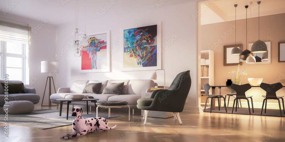 Modern Luxury Furnishings with a Dalmatian (panoramic) - 3d visualization