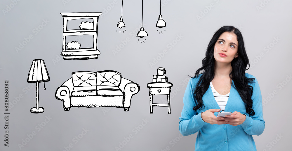 New apartment dream with thoughtful young woman holding a smartphone