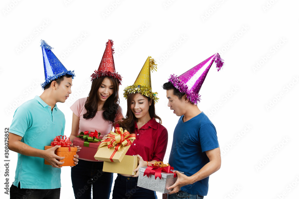 Asian people are surprised to open the gift box on New Years Day.