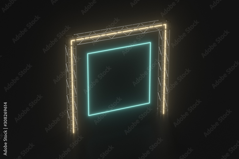 Steel frame and luminous cubes, 3d rendering.