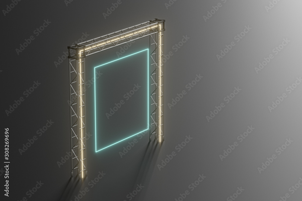 Steel frame and luminous cubes, 3d rendering.