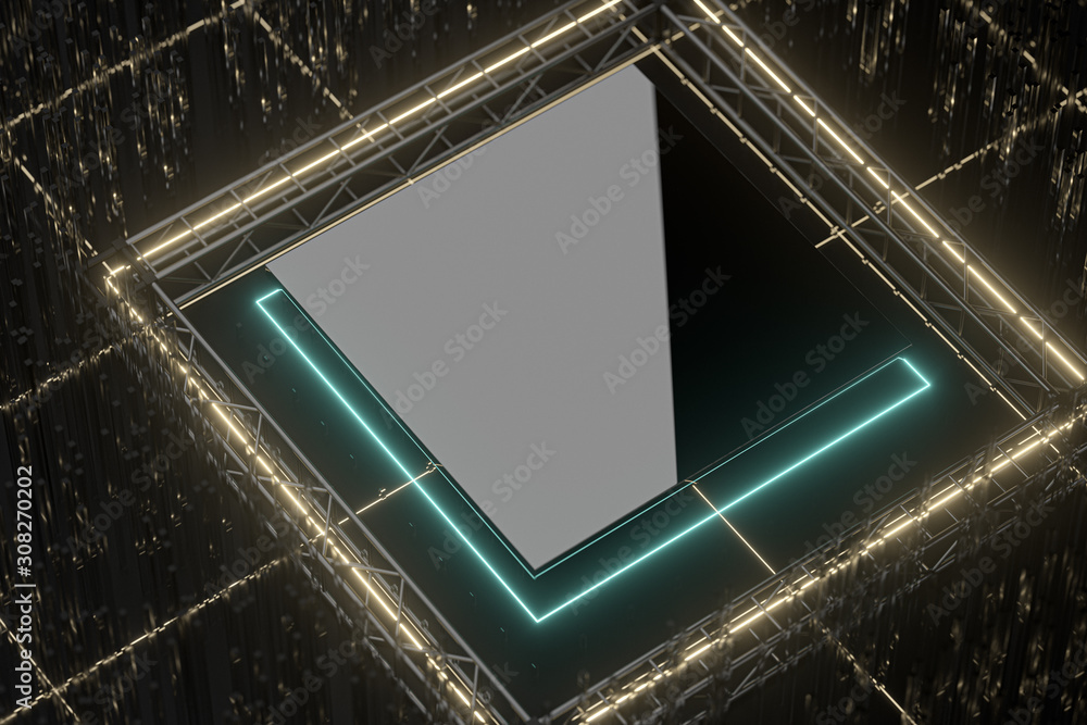 Steel frame and glowing cubes, 3d rendering.