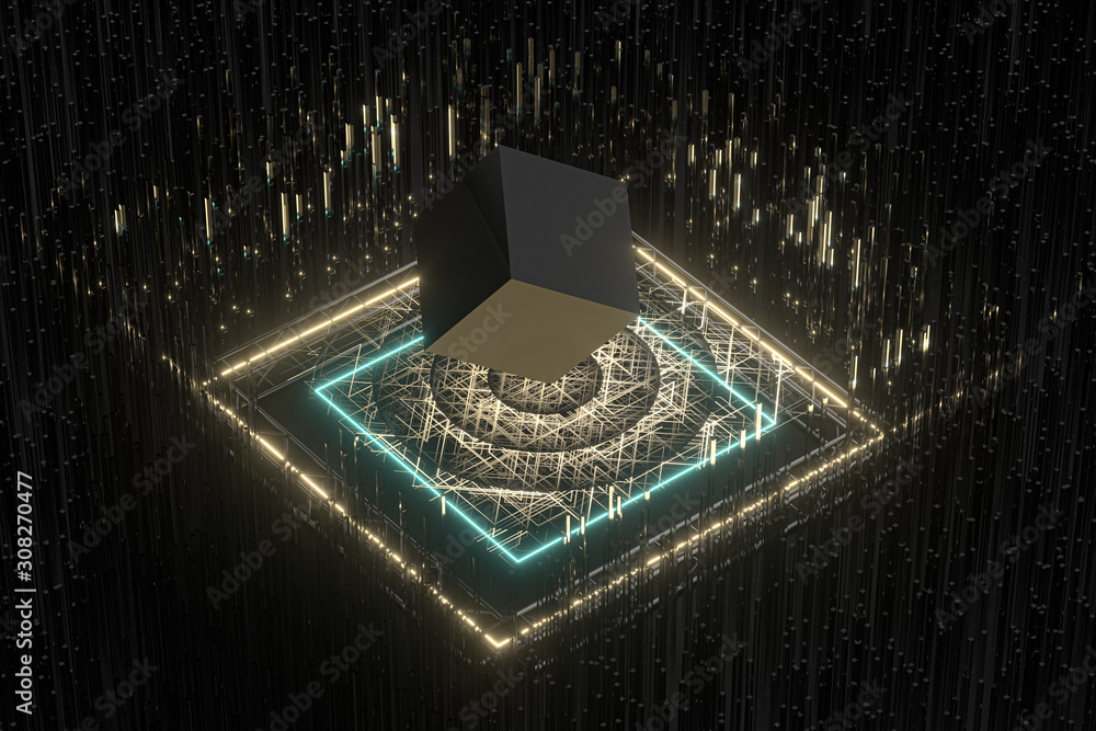 The cube floats above the glowing cubes, 3d rendering.